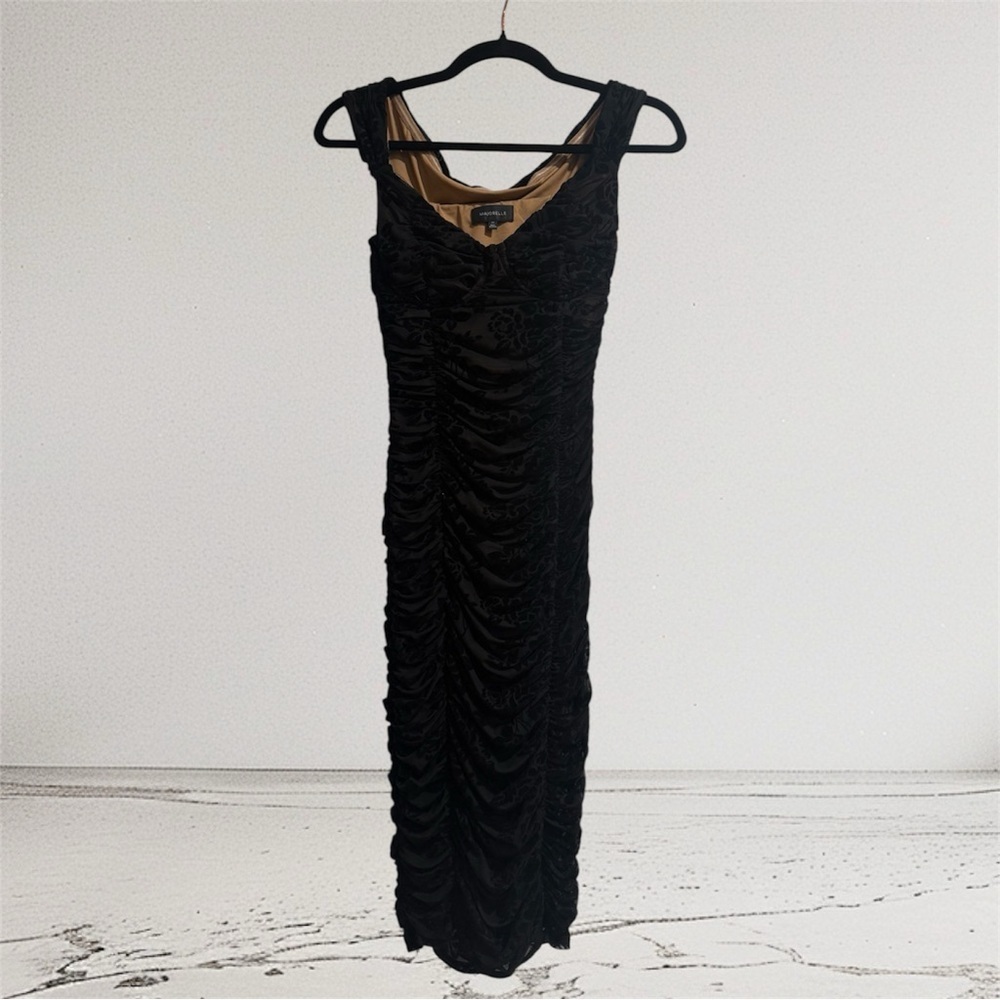 MAJORELLE Black Ruched Midi Dress